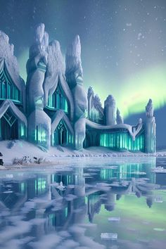 an ice - covered landscape with houses and aurora lights in the sky