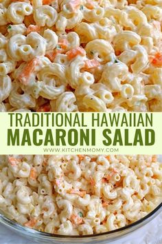 macaroni salad in a glass bowl with the words traditional hawaiian macaroni salad