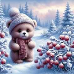 a painting of a teddy bear wearing a hat and scarf standing in the snow surrounded by berries