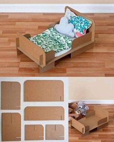 the cardboard bed is made to look like it has been built into an open box