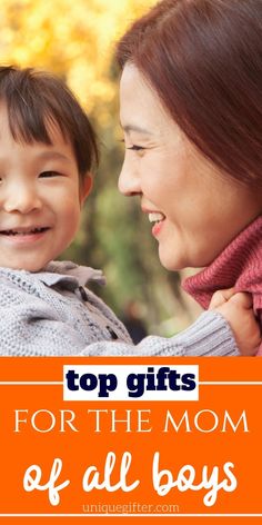 a woman holding a child with the words top gifts for the mom of all boys