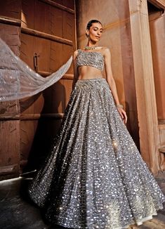 Silver Grey Embellished Lehenga With One Shoulder Blouse Prevasu - Fabilicious Fashion Shimmer Lehenga, Indian Wedding Dress Traditional, Grey Lehenga, Lehenga And Blouse, Reception Outfit, Mirror Embroidery, Asymmetrical Cut, Indian Wedding Wear, Traditional Indian Wedding