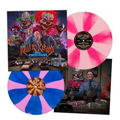 the pink and blue vinyl is next to an image of clowns