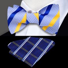 Light Blue Blue Yellow Dashing Stripe Bow Tie and Blue Plaid Square Elegant Multicolor Formal Sets, Classic Blue Tie With Butterfly Knot, Summer Blue Bow Tie And Suit Accessories, Summer Blue Bow Tie Suit Accessories, Summer Blue Bow Tie And Accessories, Blue Suit And Tie Accessories With Bow For Business, Blue Bow Tie For Summer Business Events, Blue Summer Bow Tie For Business, Blue Suit And Tie Accessories For Summer Party