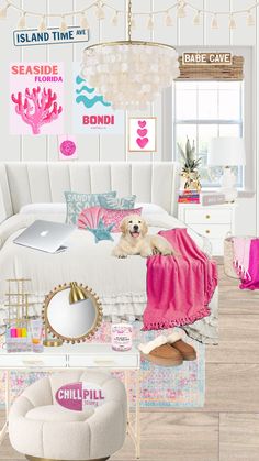 a collage of photos with a dog laying on a bed and other items in the background