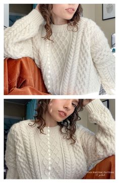 two pictures of a woman wearing a sweater and holding her hair in one hand, the other