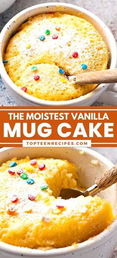 this is an image of a mug cake with sprinkles in it and the words, the moistest vanilla mug cake