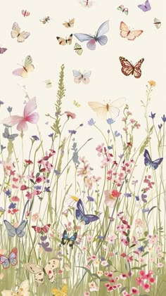 a field full of flowers and butterflies flying in the sky