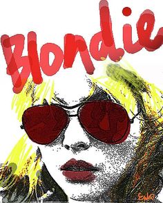 a woman with red sunglasses and the words blondie written on her face is shown