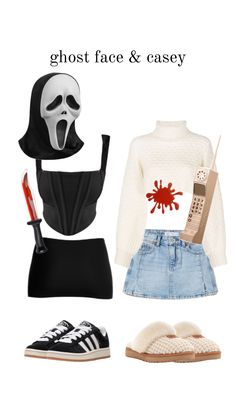 the ghost face and casey outfit is shown in black, white, and red