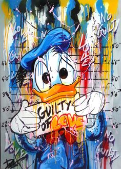 a painting of a ducky bird with graffiti on it's face and hands