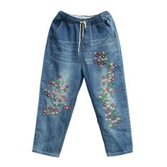 Lady Jeans Crop Pants Loose Drawstring Floral Embroidery Casual Denim Trousers Please be reminded that due to lighting effects and monitor brightness/contrast setting, the color tone of the website photo and the actual item could be slightly different. Please note this is in Asian sizing, smaller than western size e.g. UK, US, AU. Please check the measurements carefully before making a purchase. Please allow 2-4cm discrepancy due to different measurement method. If you are not sure which size to Casual Embroidered Denim Blue Bottoms, Embroidered Denim Blue Casual Bottoms, Summer Embroidered Wide Leg Jeans, Embroidered Wide Leg Denim Blue Pants, Non-stretch Denim Blue Bottoms With Floral Embroidery, Embroidered Denim Blue Bottoms For Spring, Embroidered Non-stretch Denim Pants, Denim Pants For Summer Festivals, Spring Embroidered Denim Blue Bottoms