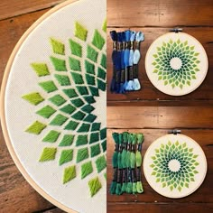 three green and white embroidered designs on a wooden table next to two embroidery hoops