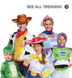 there are many people dressed up as toy story characters and one is wearing a costume that says, see all trending