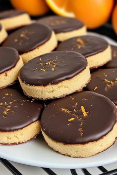 a plate full of cookies with chocolate frosting on them and oranges in the background