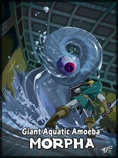 an image of a cartoon character in front of a giant object with the words, giant aquatic amoeba morpha