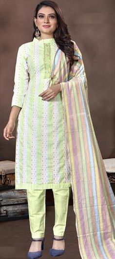 Green color Salwar Kameez in Cotton fabric with Embroidered, Thread work Casual Salwar Kameez, Trouser Suit, Green Trousers, Ethnic Looks, Printed Trousers, Thread Work, Fashion Lighting, Trouser Suits, Trouser Pants