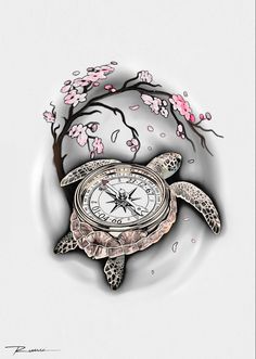 a drawing of a turtle with a clock on it's back and cherry blossom trees in the background