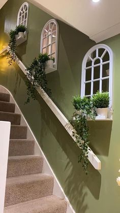 the stairs are painted green with white windows and potted plants on each one side