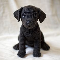 a small black puppy sitting on top of a bed