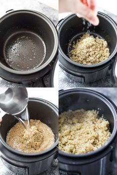 three pictures showing how to make rice in the slow cooker