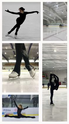 four different pictures of people skating on an ice rink, one in black and the other in white