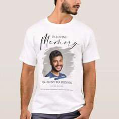 This stylish funeral memorial t shirt, for friends and family, would make a great keepsake after the funeral, memorial, vigil or anniversary. The modern t shirt features 2 photos of your loved one, one at the front and one on the back, with a brush stroke effect.Text that reads 'IN LOVING MEMORY' their name, dates and a personal message. Some text font styles, size, color and color can be changed by clicking on the customize further link after personalizing. White Graphic Print T-shirt For Memorial, Memorial T-shirt With Custom Print, Memorial Crew Neck T-shirt With Custom Print, Modern T Shirt, Back Photo, Some Text, Loving Memory, Font Styles, In Loving Memory