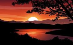 the sun is setting over a lake with mountains in the background and trees to the side