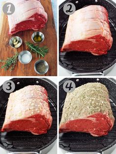 four pictures showing how to cook raw meat on the grill with herbs and seasonings