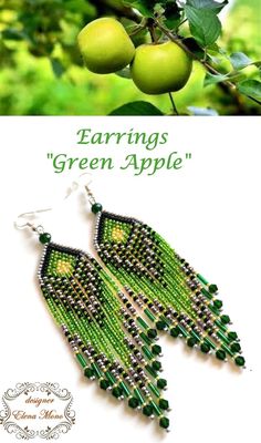 Brick Stitch Long Fringe Earrings green Apple - Etsy Russia Cheap Green Beaded Earrings, Seed Beads Diy, Seed Bead Jewelry Patterns, Earrings Patterns, Long Fringe, Long Fringes, Earrings Beaded, Beads Diy, Earrings Green