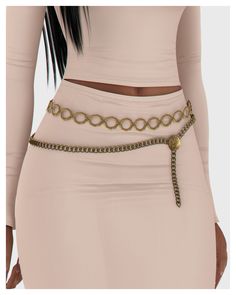 a woman wearing a skirt and belt with gold chains on the waist, in front of a white background