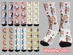 "🌟Customize your face socks with your favorite photo and make the perfect gift! Print your face on a real Sublimated Crew Socks. Cheer you up or show your love and support for your loved one with your awesome idea.🌟 🌟To get started, upload your photo, our design team will work hard to get a perfect cutout of your face from your uploaded photo.🌟 🌟 How to get your own item: 🌟 👉 After add to cart & checkout, send us your photo in the best possible resolution via Etsy chat. 👉 We will print y Customizable White Socks For Gifts, Customizable White Socks For Gift, Customizable White Socks As Gift, Bride Socks, Socks Design, Face Socks, Wedding Socks, Cheer You Up, Fashion People