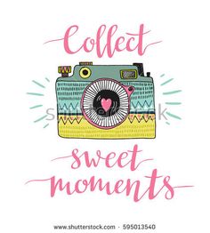 an old camera with the words collect sweet moments in pink and blue colors on a white background