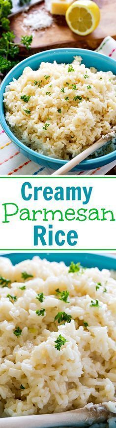 creamy parmesan rice in a blue bowl with lemons and parsley on the side