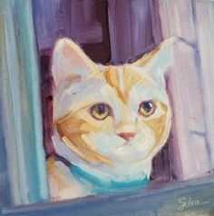 an oil painting of a cat looking out the window