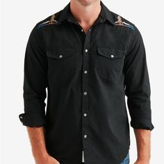 The Ideal Addition To Your Casual Wardrobe, This Santa Fe Western Shirt From Lucky Brand Features Two Convenient Chest Pockets And Intricate Embroidery At The Shoulders And Back Spread Collar Button Cuffs Embroidered At Shoulders Front & Back Two Chest Flap Pockets With Button Closure All Cotton Machine Washable Imported Black Embroidered Button-up Shirt, Black Embroidered Cotton Shirt, Brand Shirts, Western Shirt, Branded Shirts, Western Shirts, Casual Wardrobe, Casual Shirts For Men, Santa Fe