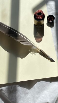 a feather quill and ink pen sitting on top of a piece of white paper