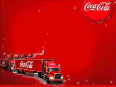 a coca cola truck is driving down the road in front of a red background with sparkling stars