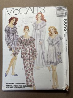 McCalls 6890. Sizes Large and Extra large. This pattern has not been cut. It still has the factory fold. Misses' Nightgown, Nightshirt and Pyjamas: Loose-fitting nightgown view A, nightshirt view B and C or pyjama top view D have long raglan sleeves with elastic through casing forming ruffles, ruffle type collar and optional lace and ribbon bow trim, view A has lace collar; view B has lower ruffle; pyjama pants view D has elastic through fold back waist casing. Pajamas Pattern, Nightgown Pattern, Lingerie Patterns, Women's Sewing Pattern, Pajama Pattern, Mccalls Sewing Patterns, Nightgowns For Women, Mccalls Patterns, Sewing Pattern Sizes