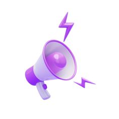 a purple and white megaphone with pink lightning bolt coming out of the top, on a white background