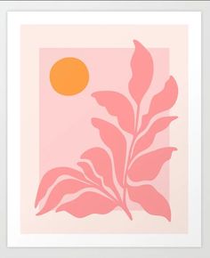 a pink and orange print with leaves in front of the sun on a pale background