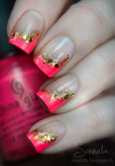 Nails Fun French Tip, Colored French Tips, Nails With Glitter, Finger Nails, Neon Coral, Nails And Hair, Cool Nails