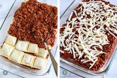 two pictures showing how to make lasagna casserole with cheese and sauce