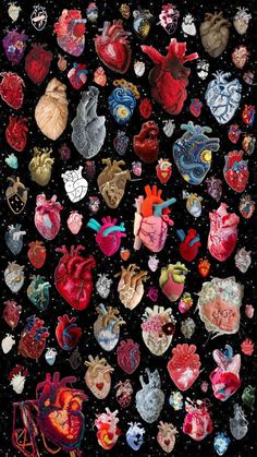 many different types of heart shaped patches on a black background