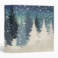 a winter forest scene with snow falling on the trees and stars in the night sky