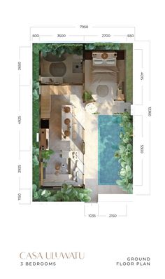 an overhead view of a house with pool and garden furniture in the middle of it