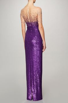 Pamella Roland tulle bodice and sequin gown in amethyst gold. 92% Polyester 8% Elastane Dry Clean Made in the United States Purple Tulle Dresses With Sequins, Luxury Sequin Tulle Dresses, Purple Evening Dress For Gala, Gala Gown With Contrast Sequin And Fitted Bodice, Purple Tulle Evening Gown, Formal Tulle Gown With Sequins, Purple Sequined Floor-length Evening Dress, Elegant Purple Gown With Sheer Bodice, Luxury Purple Gown