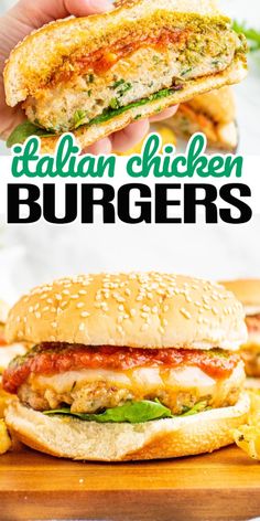 chicken burgers with lettuce, tomato sauce and cheese on the bun is shown