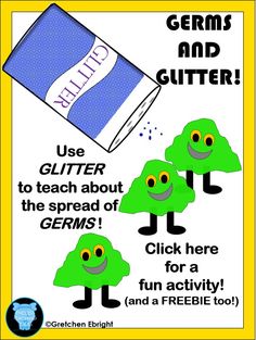 an advertisement for germs and glitter to teach about the spread of germs