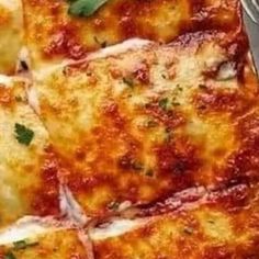 several slices of pizza on a plate with a fork